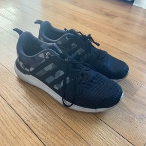 Black adidas gym shoes with geometric pattern
